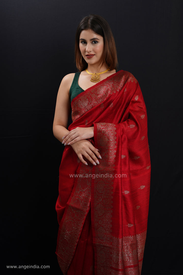 Mirchi red Banarasi Raw silk saree